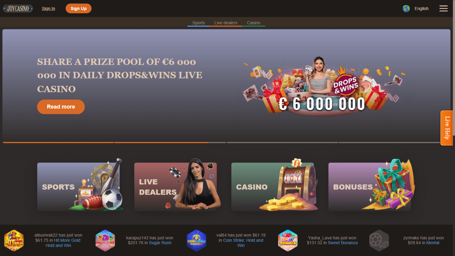 Официальный сайт Joycasino - главная страница